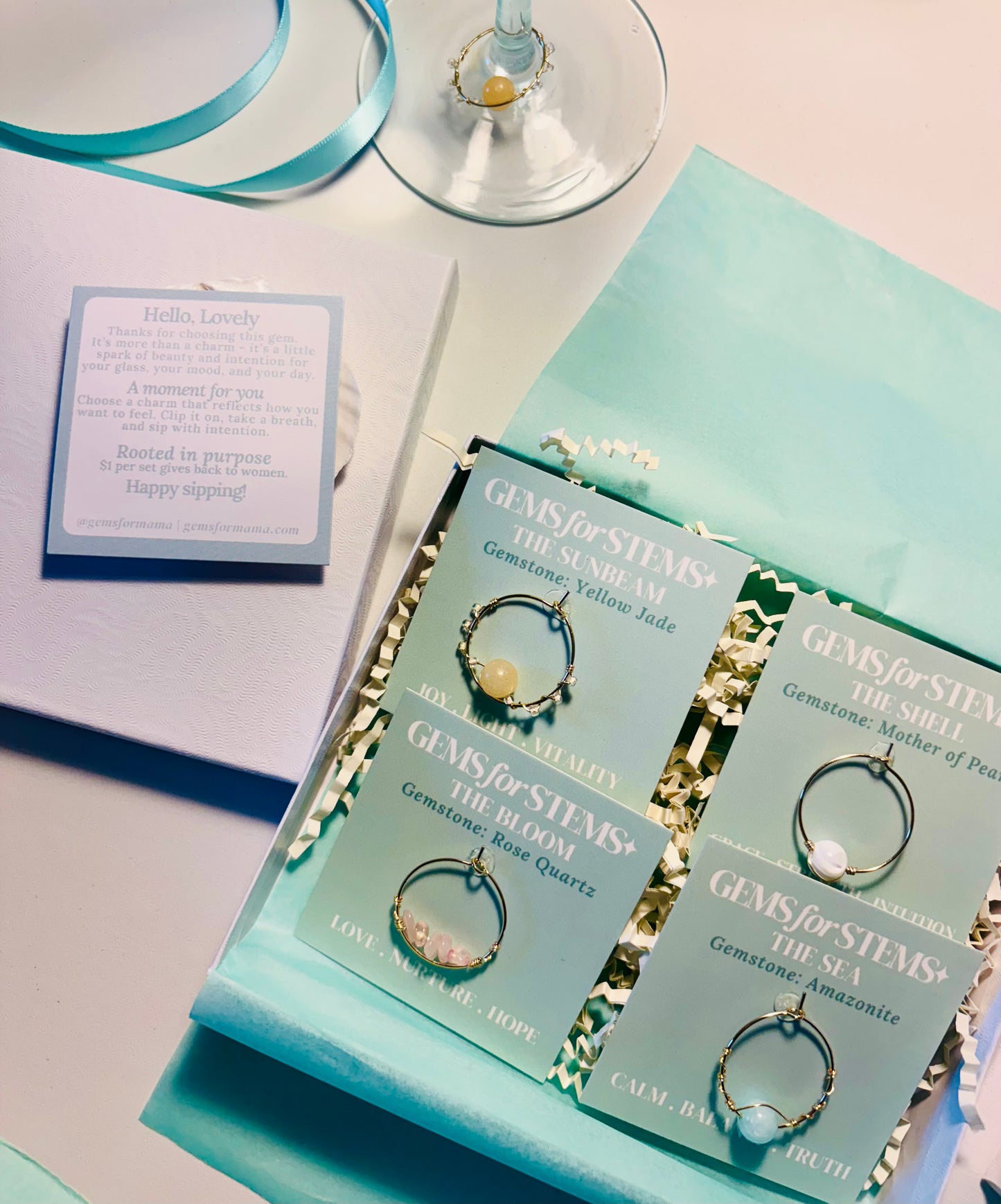 Wine charm set of 4 with gemstone details, handcrafted wine charms for thoughtful hosting, gifting and intentional everyday moments 