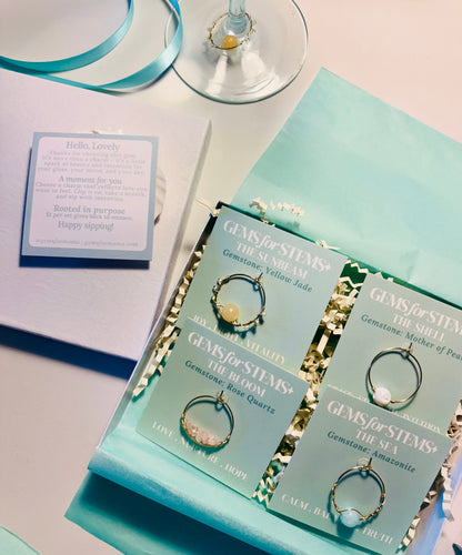 Wine charm set of 4 with gemstone details, handcrafted wine charms for thoughtful hosting, gifting and intentional everyday moments 